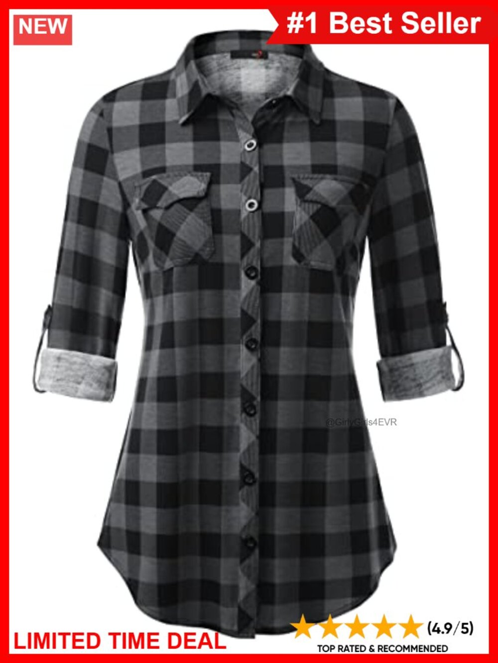 Womens Soft Stretchy Plaid Button Down Blouse Roll Up Long Sleeve Collared Top